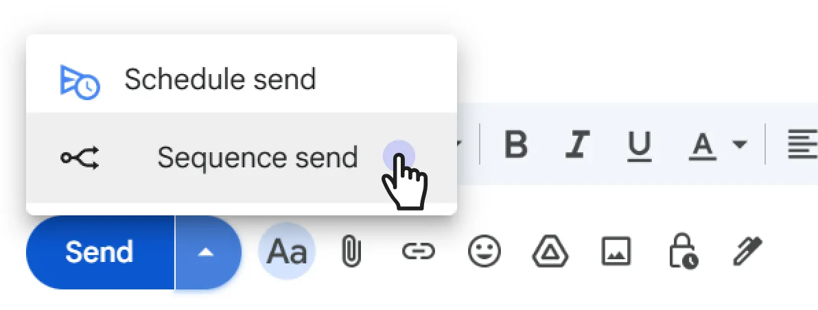 Screenshot showing the dropdown arrow next to the Gmail send button with the Sequence Send option highlighted